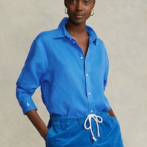 The LAUREN Ralph Lauren® Roll-Tab-Sleeve Aqua Blue Turquoise Linen Shirt